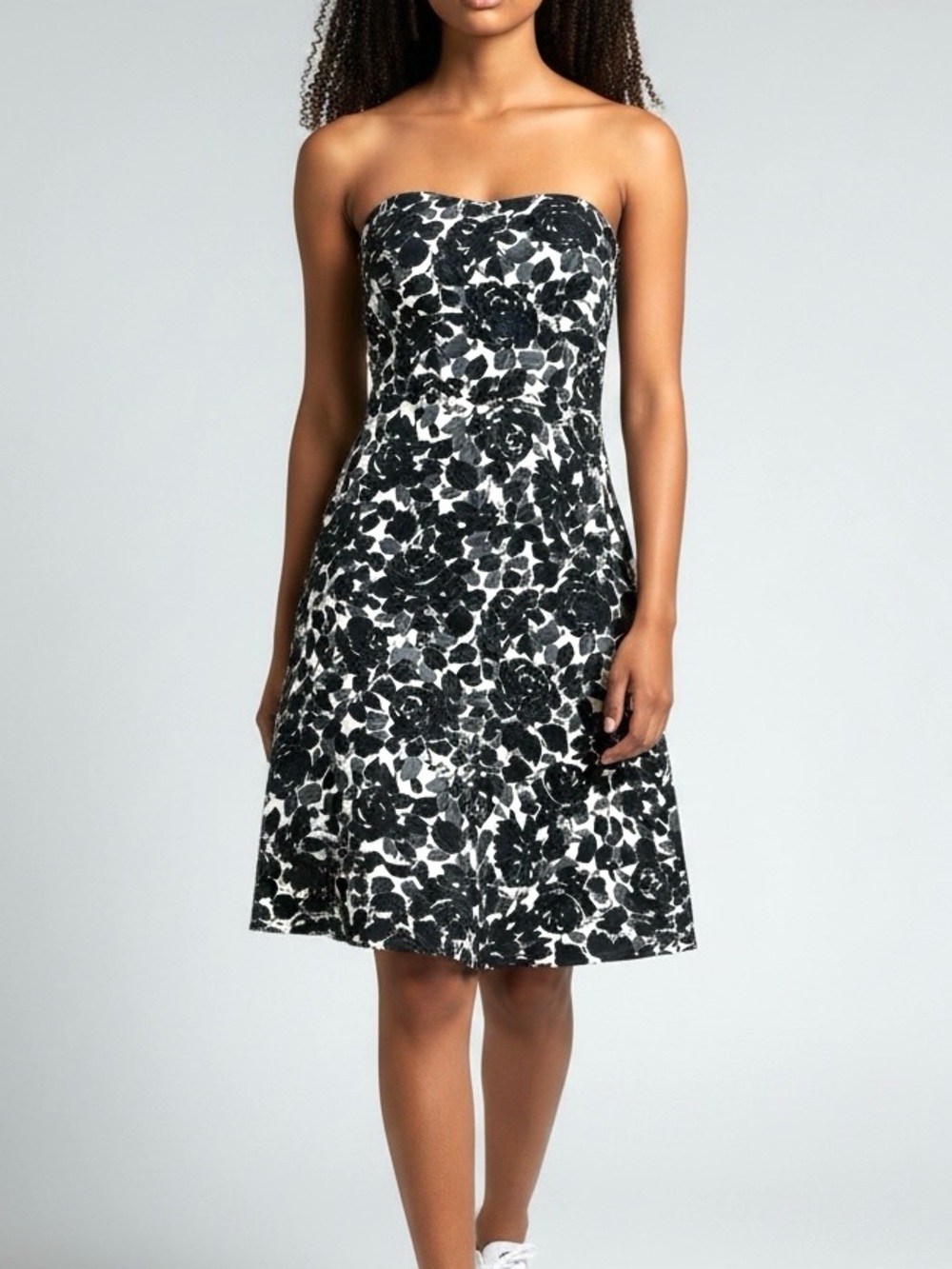 Vintage Y2K J. Crew Silk Strapless Black and White Floral A-Line Dress Size S